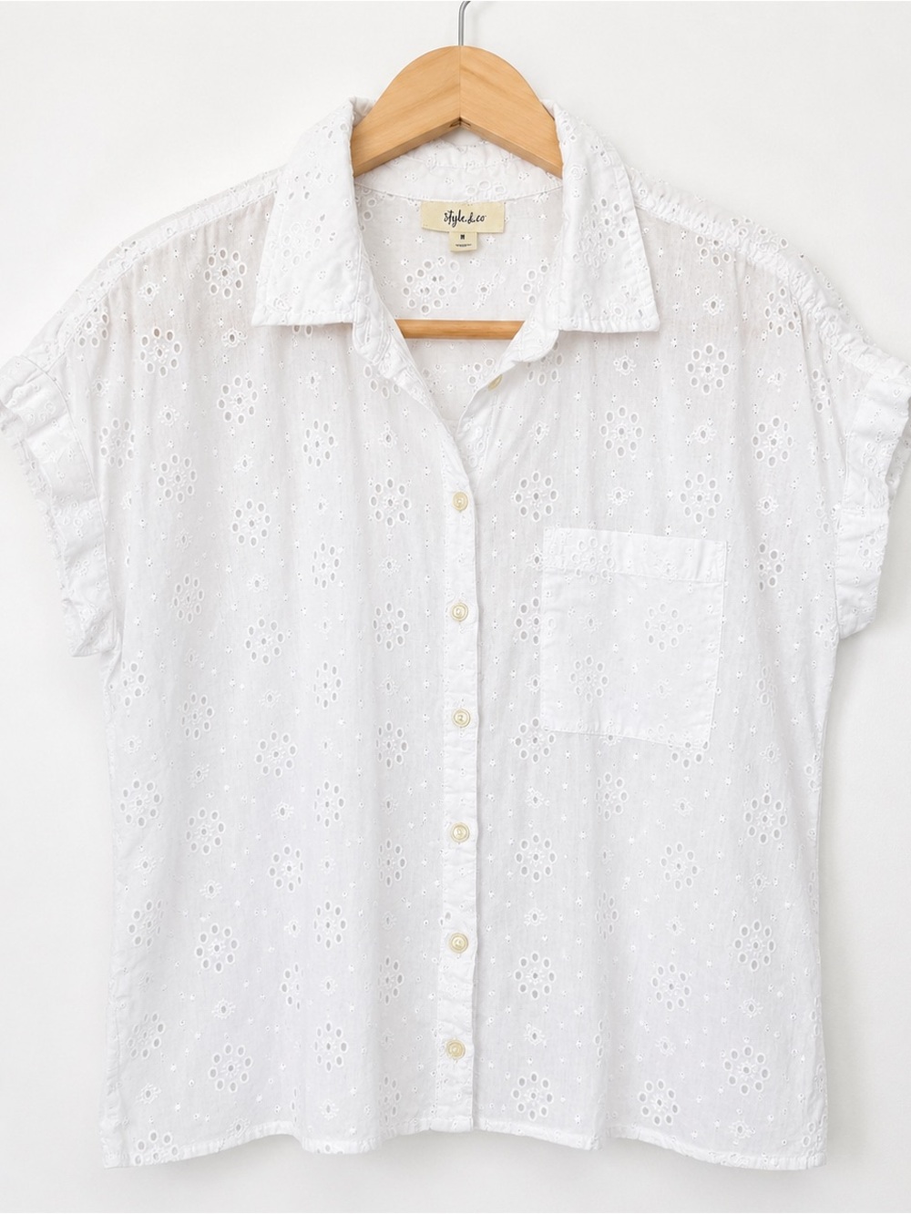 style & co white eyelet button down blouse medium cottagecore sparkle fairy top